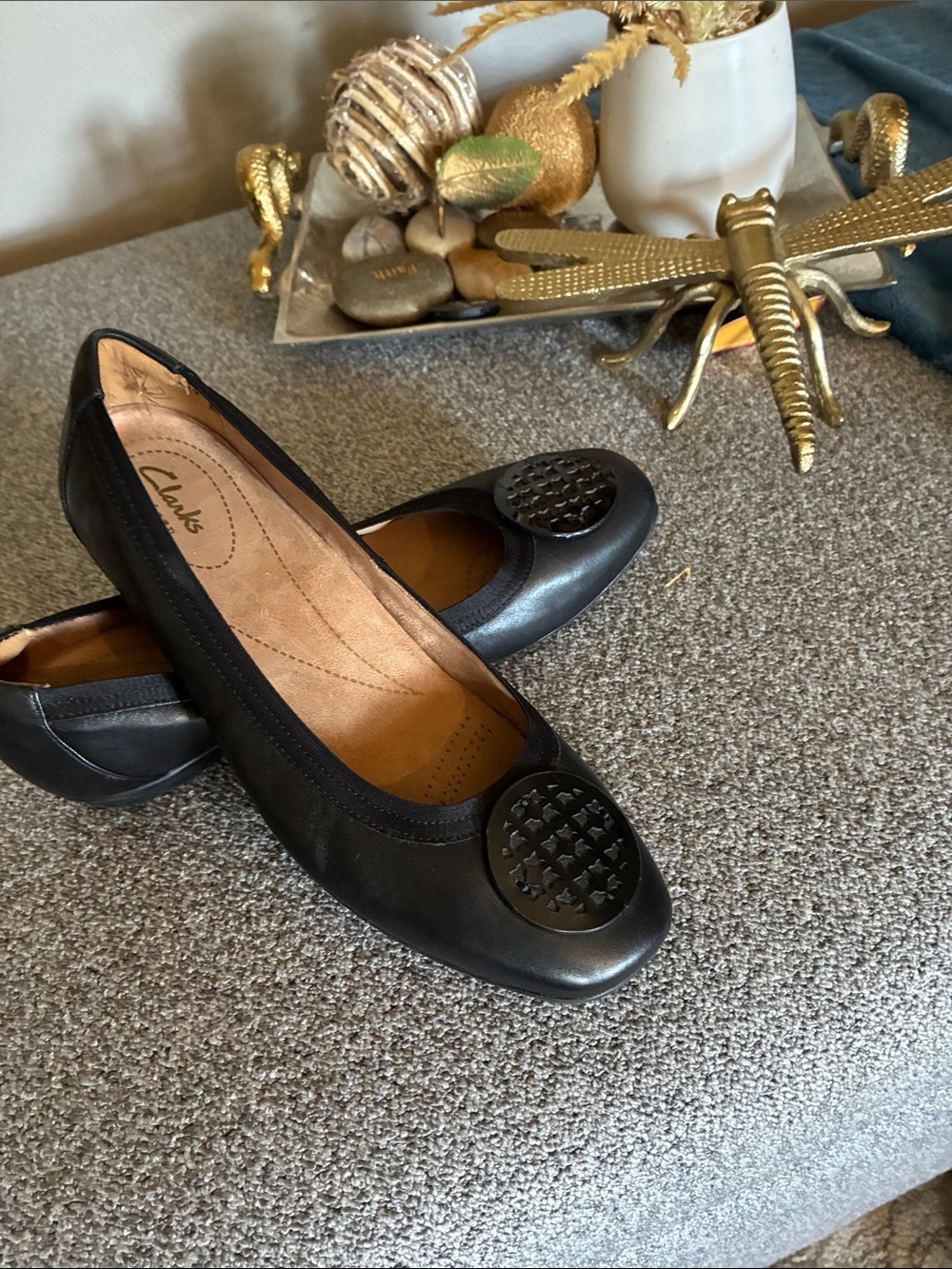 Clarks Black Leather Ballet Flats with Round Decorative Medallion
